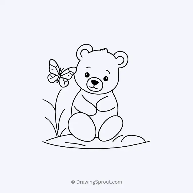 Cute bear looking at butterfly