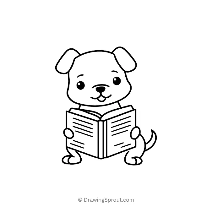 Cute dog drawing of a dog reading a book
