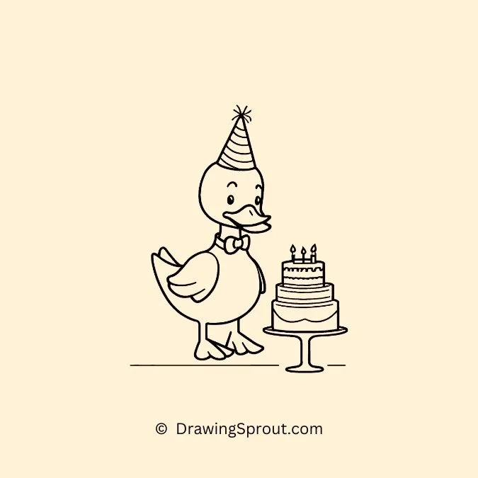 duck drawing simple, Celebratory Duck with a Birthday Cake