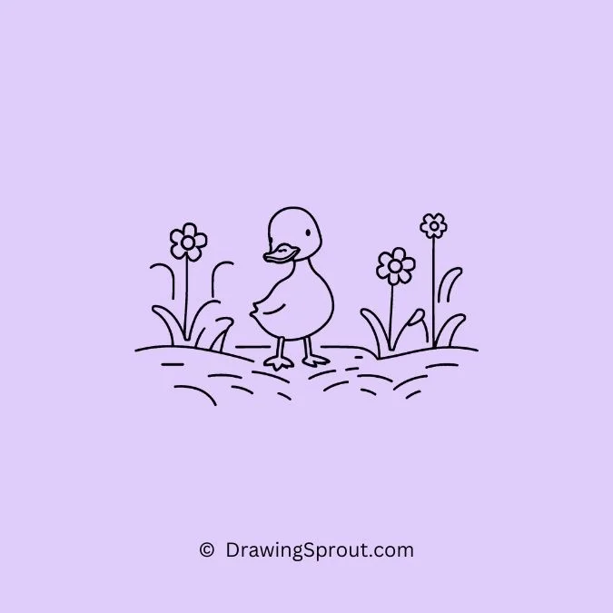 funny duck drawing ideas, Duck exploring flower field