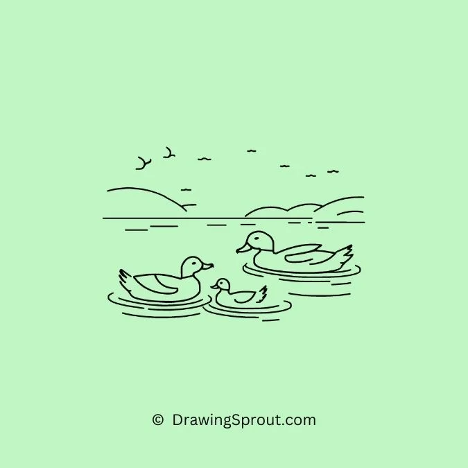 duck easy to draw, Duck family enjoying sunset