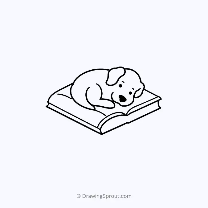 drawing of a cute dog sleeping on a book