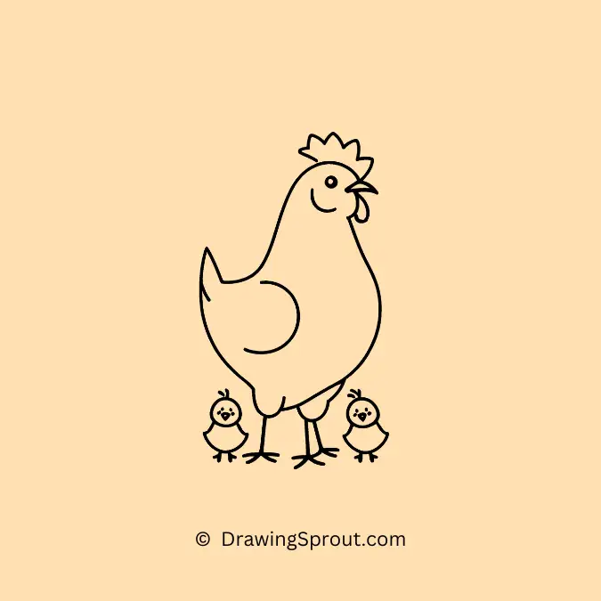 Cute drawing of a proud hen with a few baby chicks around her