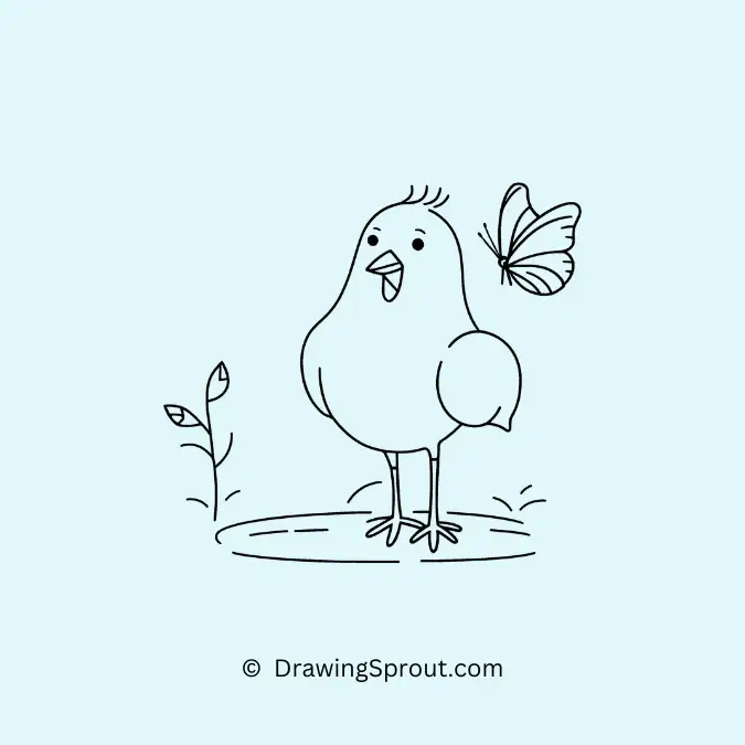 curious chicken watching a butterfly flutter by