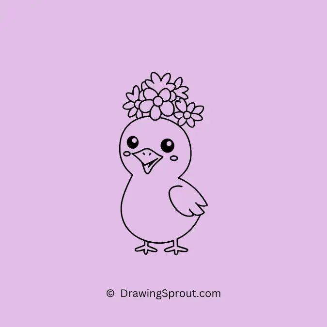 Cute drawing of chicken wearing a beautiful flower crown on its head