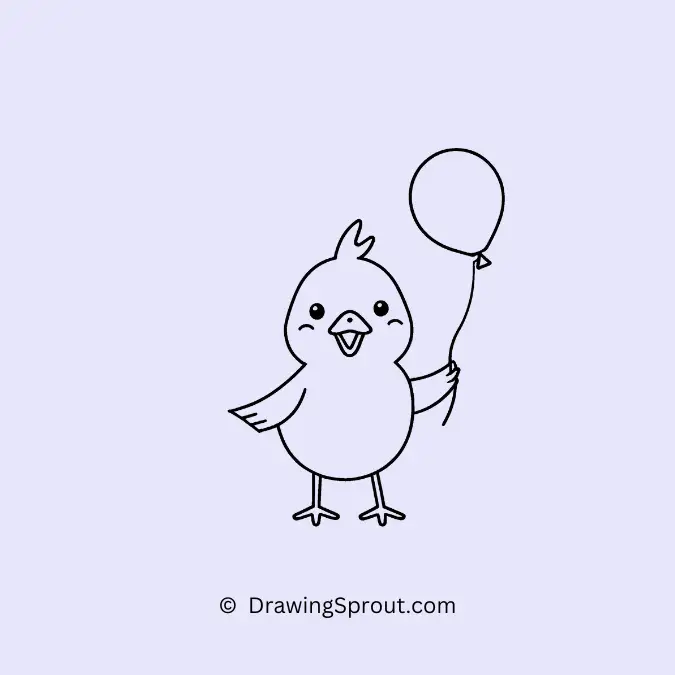 drawing of a cute chicken holding a string with a balloon floating above