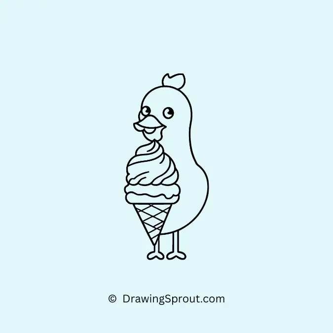 a chicken happily licking an ice cream cone