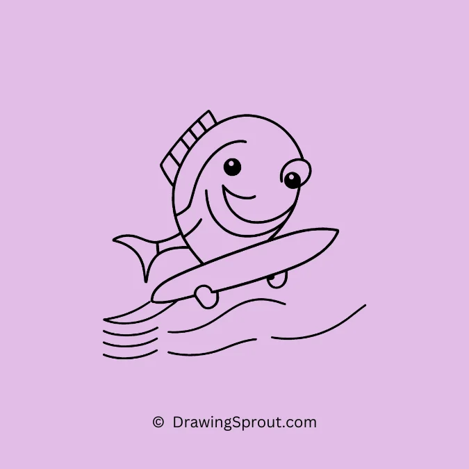 fish riding a surfboard