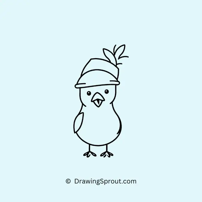 simple chicken drawing, baby chick wearing an elaborate feathered hat