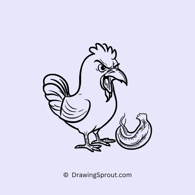 chicken happily holding a worm in its beak