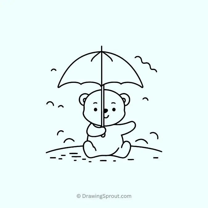 Cute bear enjoying rain with umbrella drawing