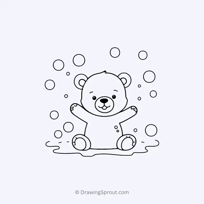 Adorable drawing of a bear playing with bubbles