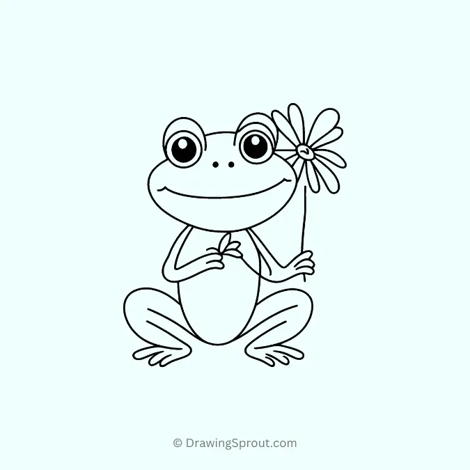 adorable frog drawing, frog holding a flower in his hands