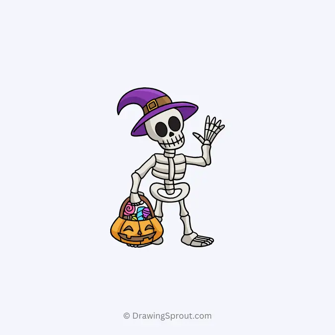 skeleton with a witch hat and pumpkin candy bucket