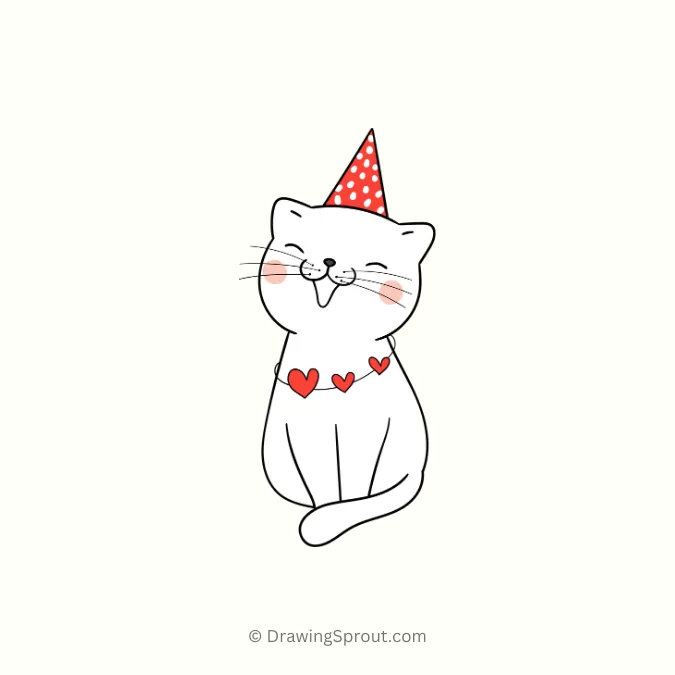 joyful cat in party hat, easy to draw cat drawing