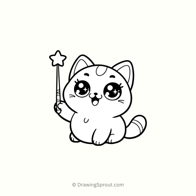 easy to draw, cute cat holding a magic wand