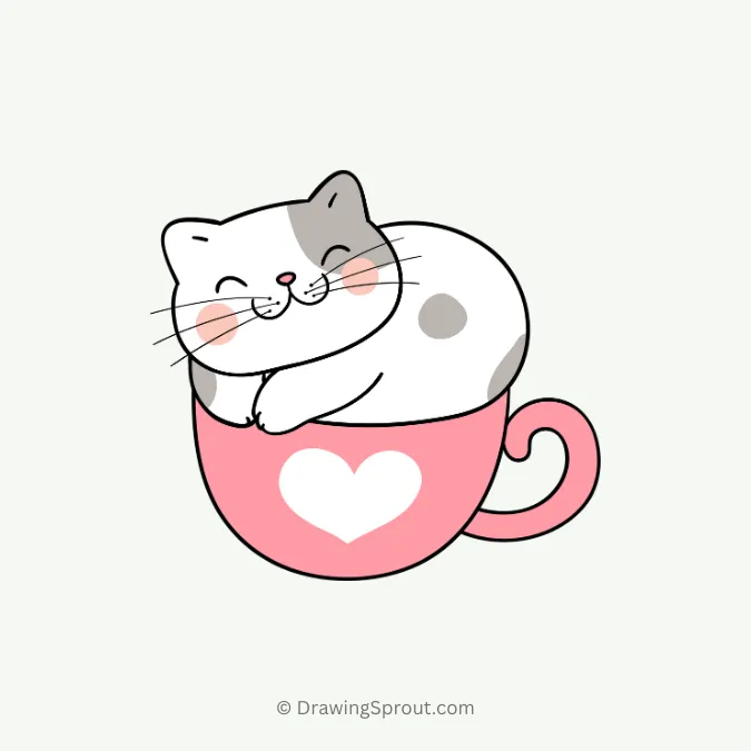 cat sleeping in a teacup